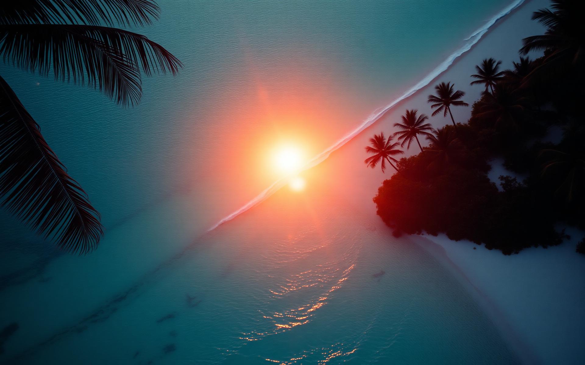 Aerial view of a Caribbean coastline at golden hour