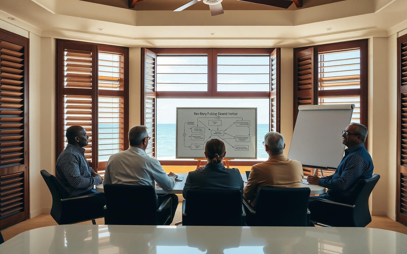 Senior marketing consultant leading a strategy session in a Caribbean boardroom