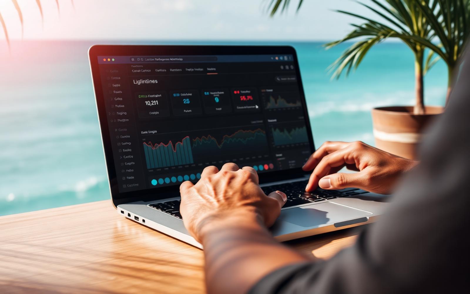 Website performance and uptime monitoring dashboard being reviewed in a Caribbean office